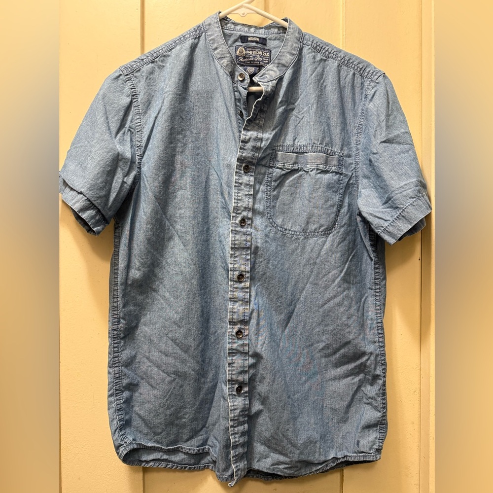 Denim Look Short-Sleeve Button-Up Shirt - 100% Cotton